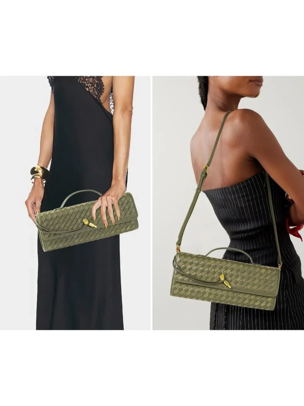 Women Olive Woven Leather Suede Woven Clutch Purse For Evening Crossbody Bag